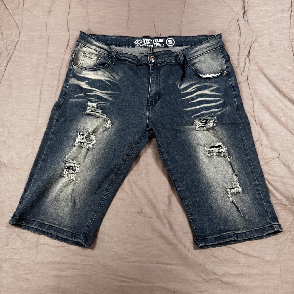 Street Rules Mens Distressed Denim Shorts Blue Stretch Fit W38 Ripped Jean